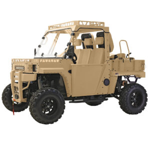 Tan off-road utility vehicle with roll cage and multiple seats, displayed on a white background.