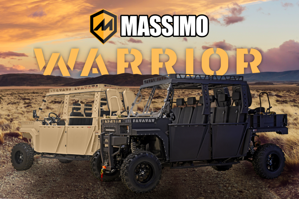 A Massimo Warrior MXD Crew vehicle displayed against a desert landscape at dusk.